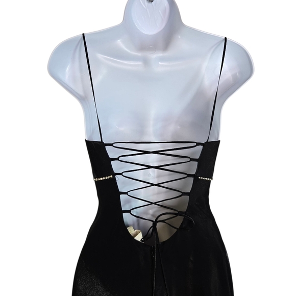 Vtg 90s Y2k Cache Black Liquid Lace Up Corset Back Rhinestone Formal Dress - Picture 2 of 14